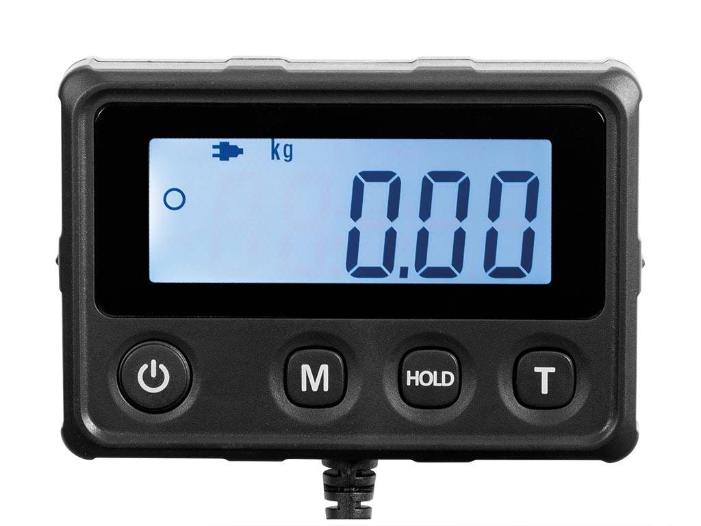 Digitale Skalenanzeige mit 0,00 kg, darunter die Tasten Power, M, HOLD und T.