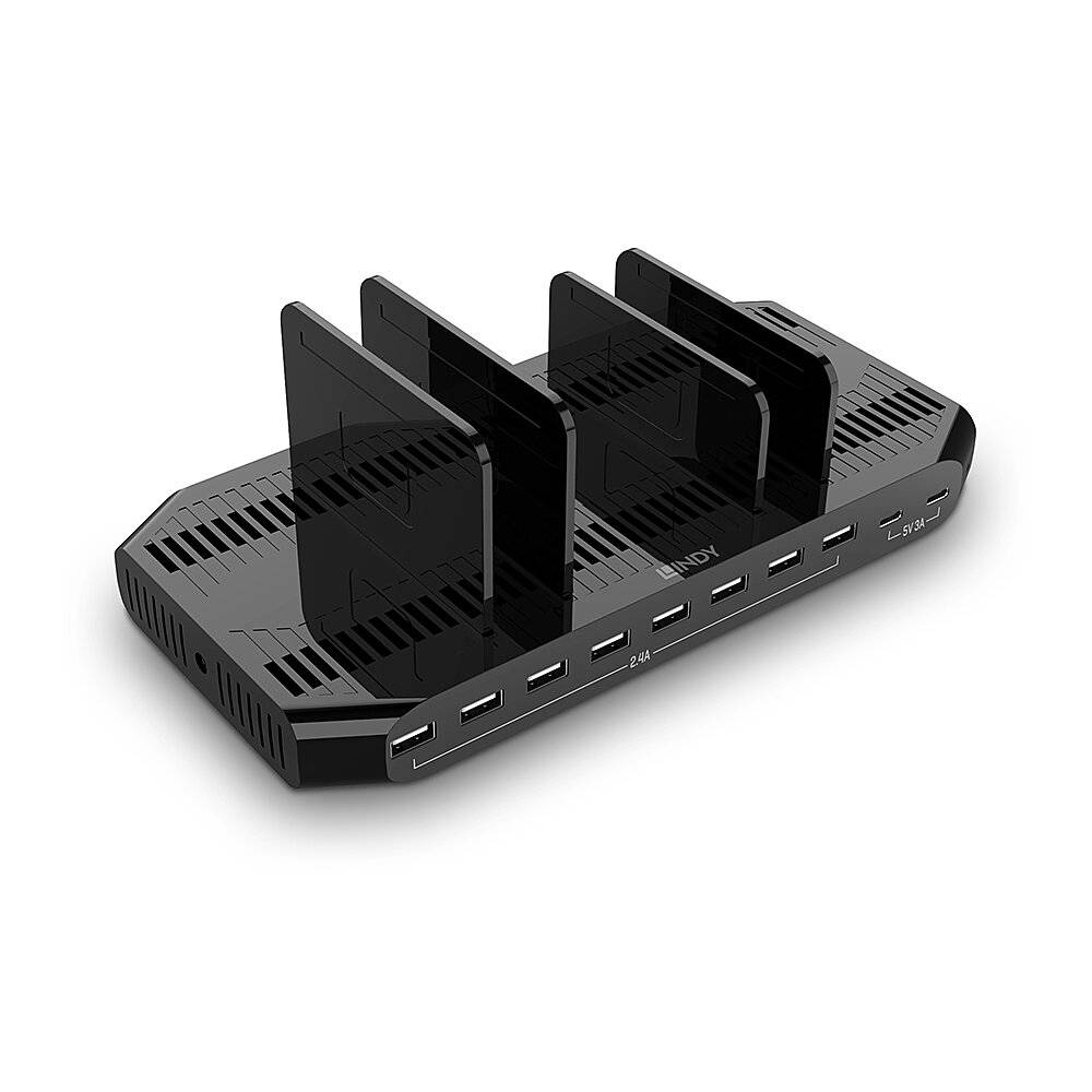 Schwarze Multi-Geräte-Ladestation mit vier vertikalen Steckplätzen und sechs USB-Anschlüssen auf der Vorderseite