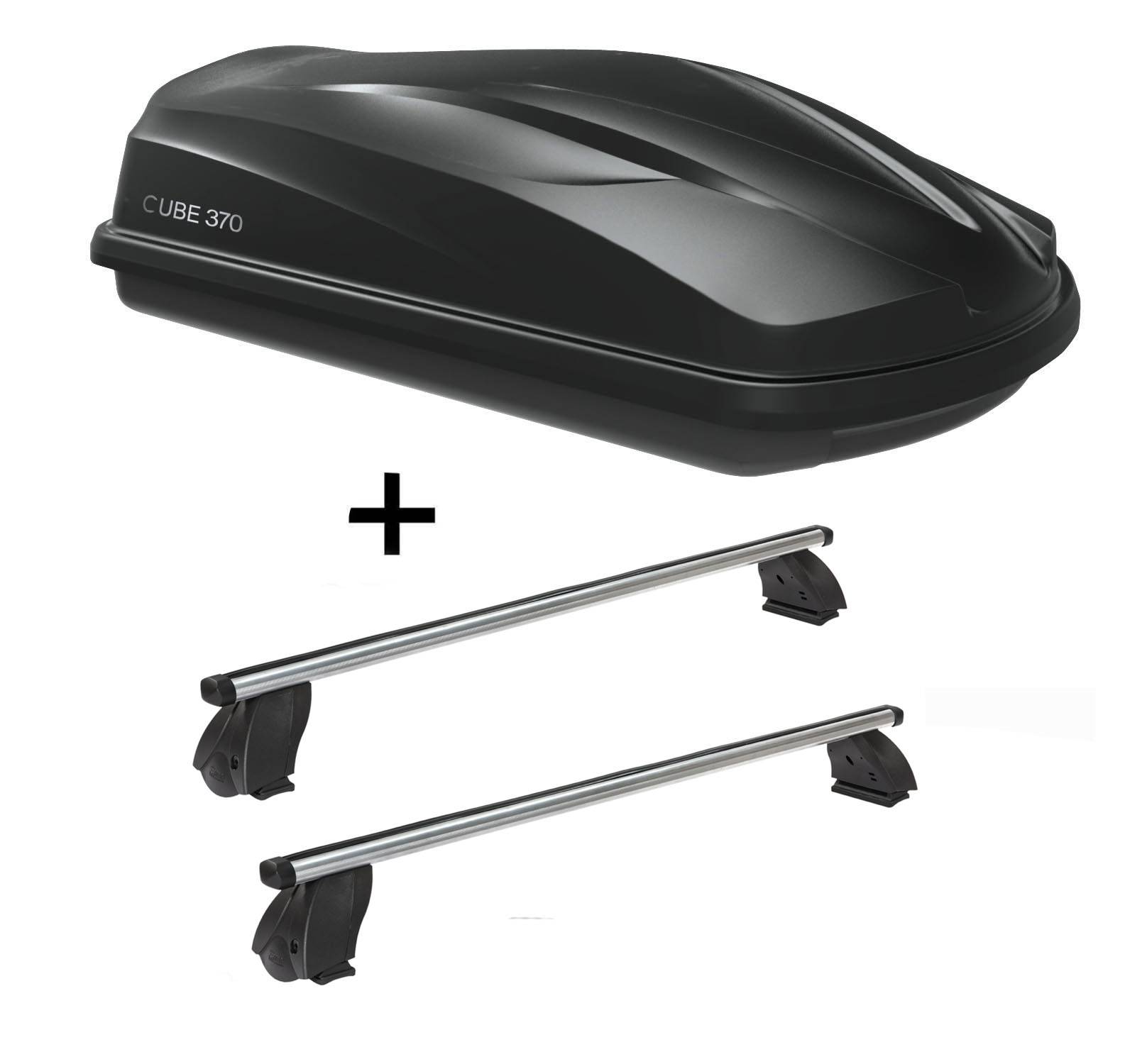 Dachbox CUBE370 370 Liter schwarz + Dachträger K1 PRO Aluminium kompatibel mit für VW Caddy (2K) Panel ab 15