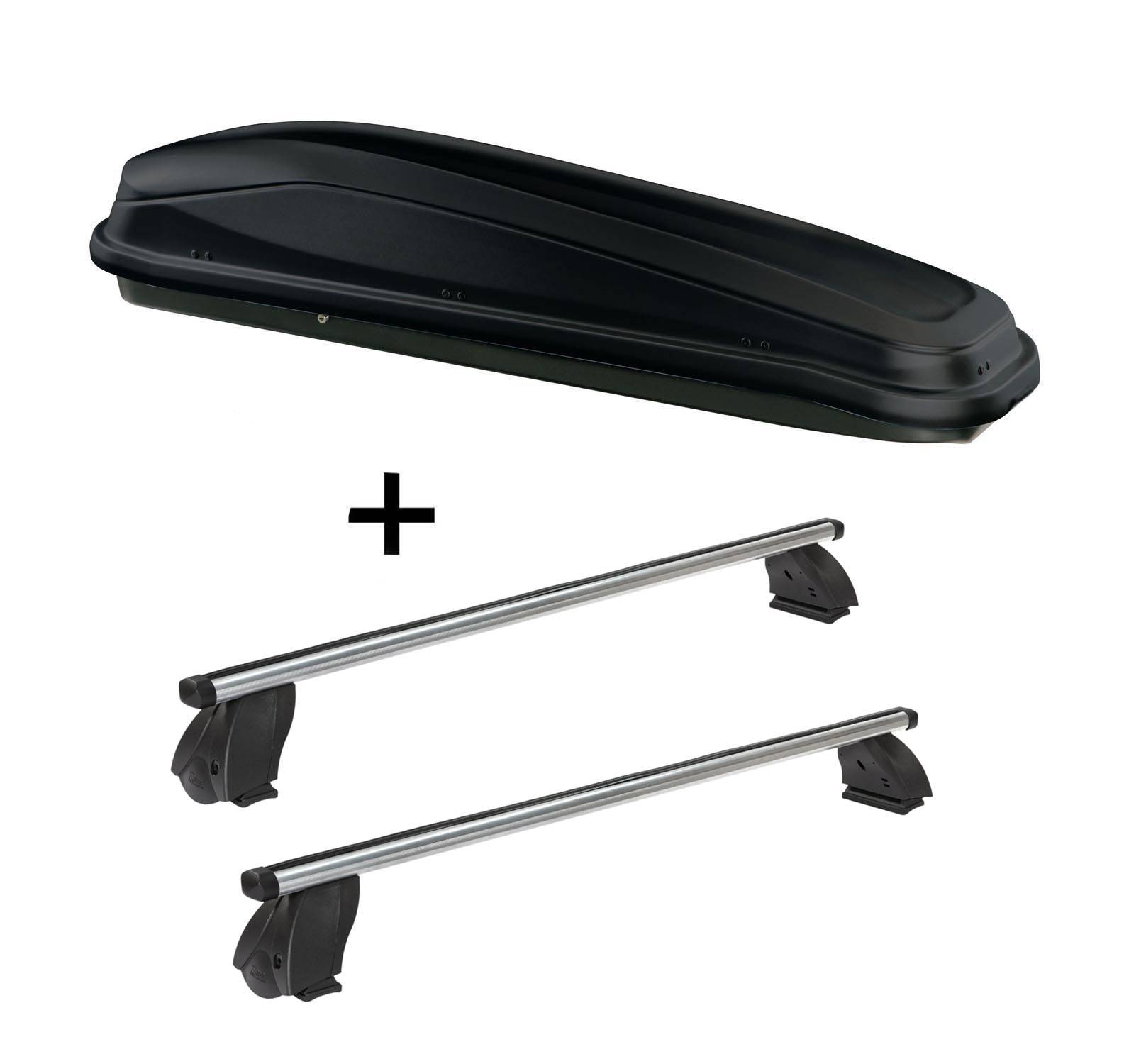 Eine schwarze Dachbox für Autos zusammen mit zwei silbernen Dachträgern, entwickelt für zusätzlichen Stauraum auf dem Dach eines Fahrzeugs.