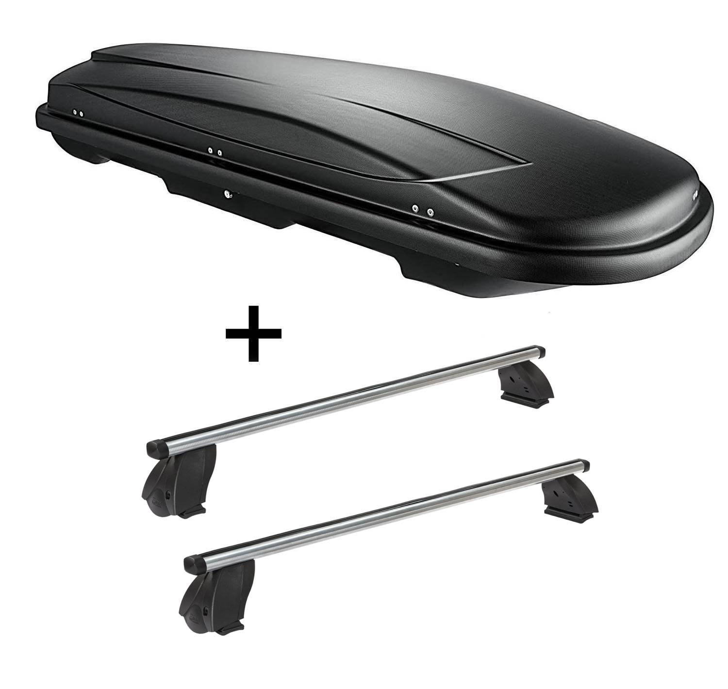 Dachbox VDPJUXT400 400 Liter schwarz abschließbar + Dachträger K1 PRO Aluminium kompatibel mit für Mercedes CLA Shooting Brake (X117) (5Türer) ab