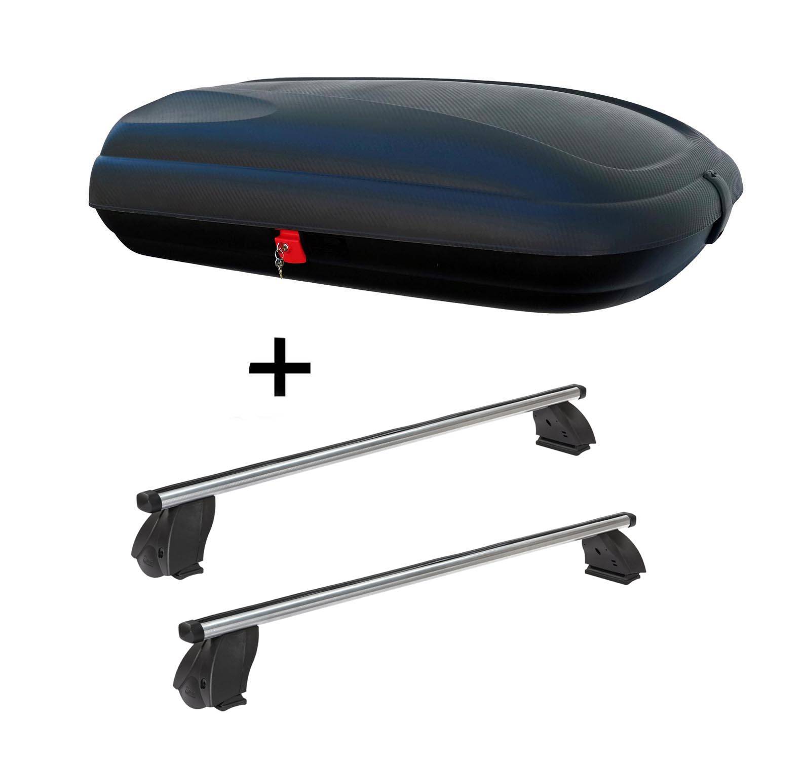 Dachbox für Auto mit Dachträger-Kombination; schwarze, aerodynamische Box mit sicherer Verriegelung, plus zwei verstellbare Metallstangen zur Fahrzeugmontage.