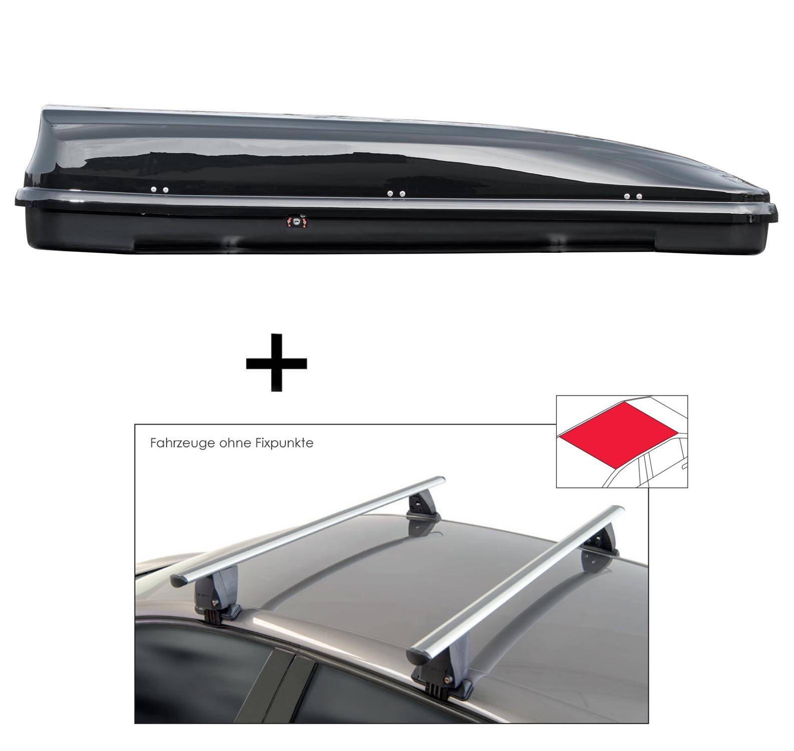 Dachbox VDPFL460 460 Liter schwarz glänzend + Dachträger VDP Delta kompatibel mit für Renault Megane III Coupé (3 Türer) ab 2009