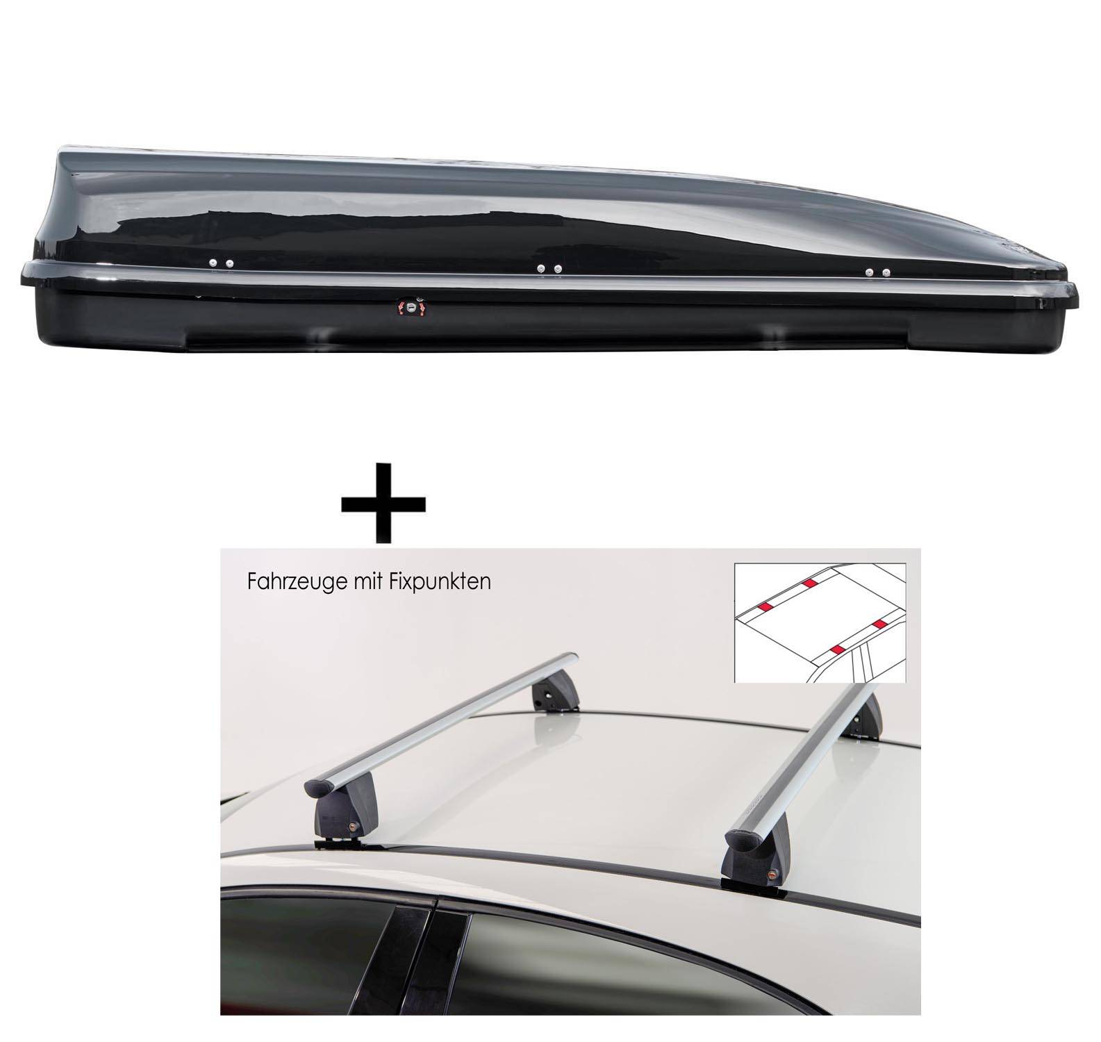 Dachbox VDPFL460 460 Liter schwarz glänzend + Dachträger VDP Delta kompatibel mit für Hyundai i30 (PD) (3 Türer) ab 2016