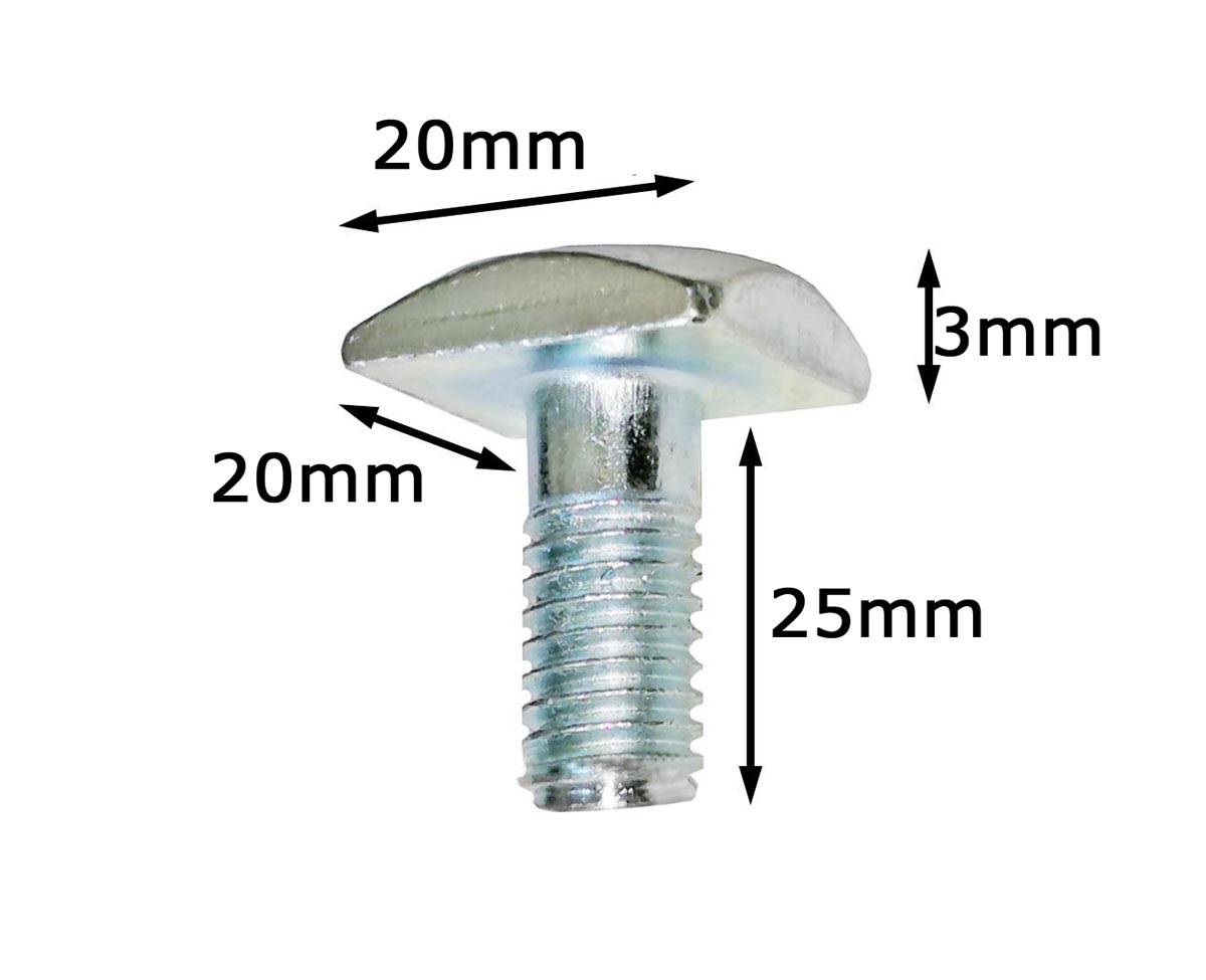 Ein Metallbolzen mit quadratischem Kopf. Maße gekennzeichnet: 20mm Kopfbreite, 25mm Länge, 20mm Kopflänge, 3mm Kopfhöhe.