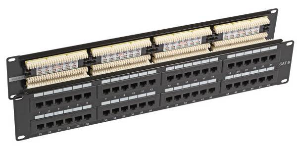 Patchpanel 48xRJ45 Cat.5e UTP schwarz, -- 2HE, 180Â° SALE Kupferverkabelung UTP schwarz