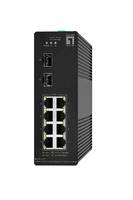 Schwarzer Industrie-Netzwerk-Switch mit zwei oberen Ethernet-Anschlüssen, acht unteren Anschlüssen und Statusleuchten auf der Frontplatte.