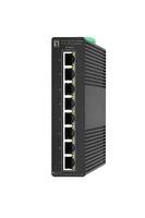 Industrie-Ethernet-Schalter mit acht nach vorne gerichteten Netzwerkports auf einem schwarzen Gerät mit Kühlrippen