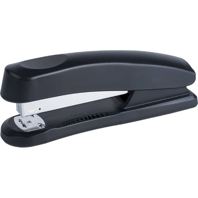 Ein schwarzer Hefter auf weißem Hintergrund, von der Seite gezeigt mit sichtbarem Heftbereich, wird zum Zusammenheften von Papierblättern verwendet.