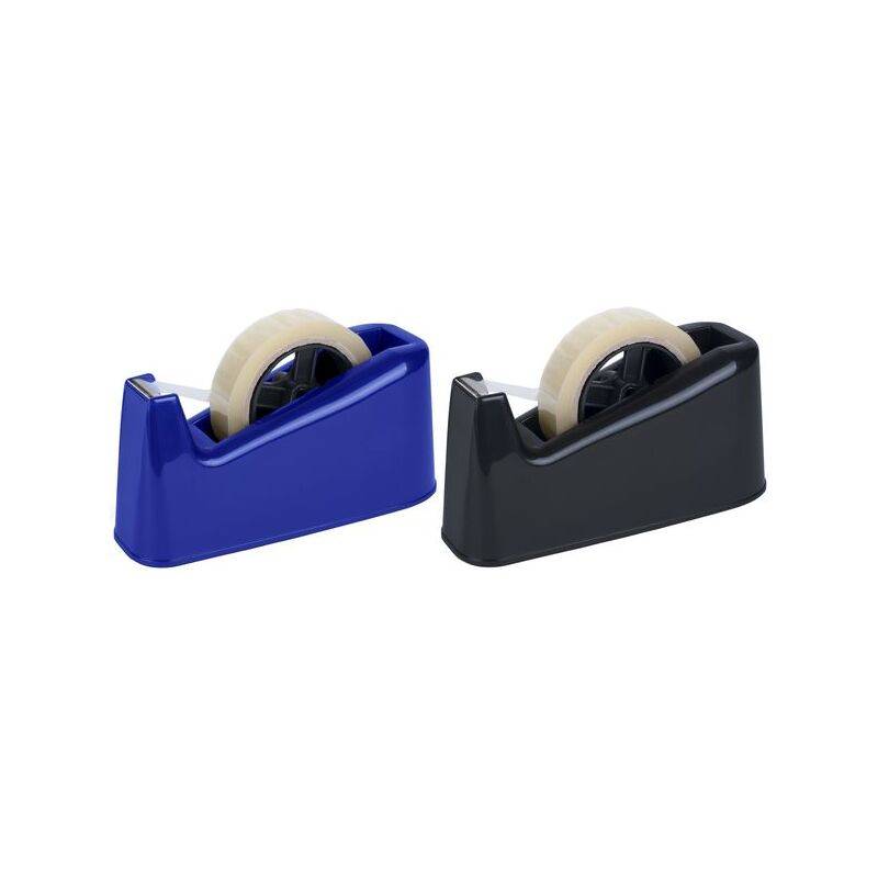 Zwei Klebebandabroller, einer blau und einer schwarz, jeder mit einer Rolle durchsichtigen Packklebebands auf weißem Hintergrund.