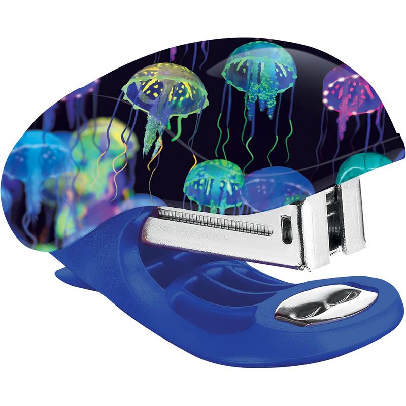 Ein Heftgerät, dessen Oberfläche mit bunten Quallen-Mustern verziert ist.