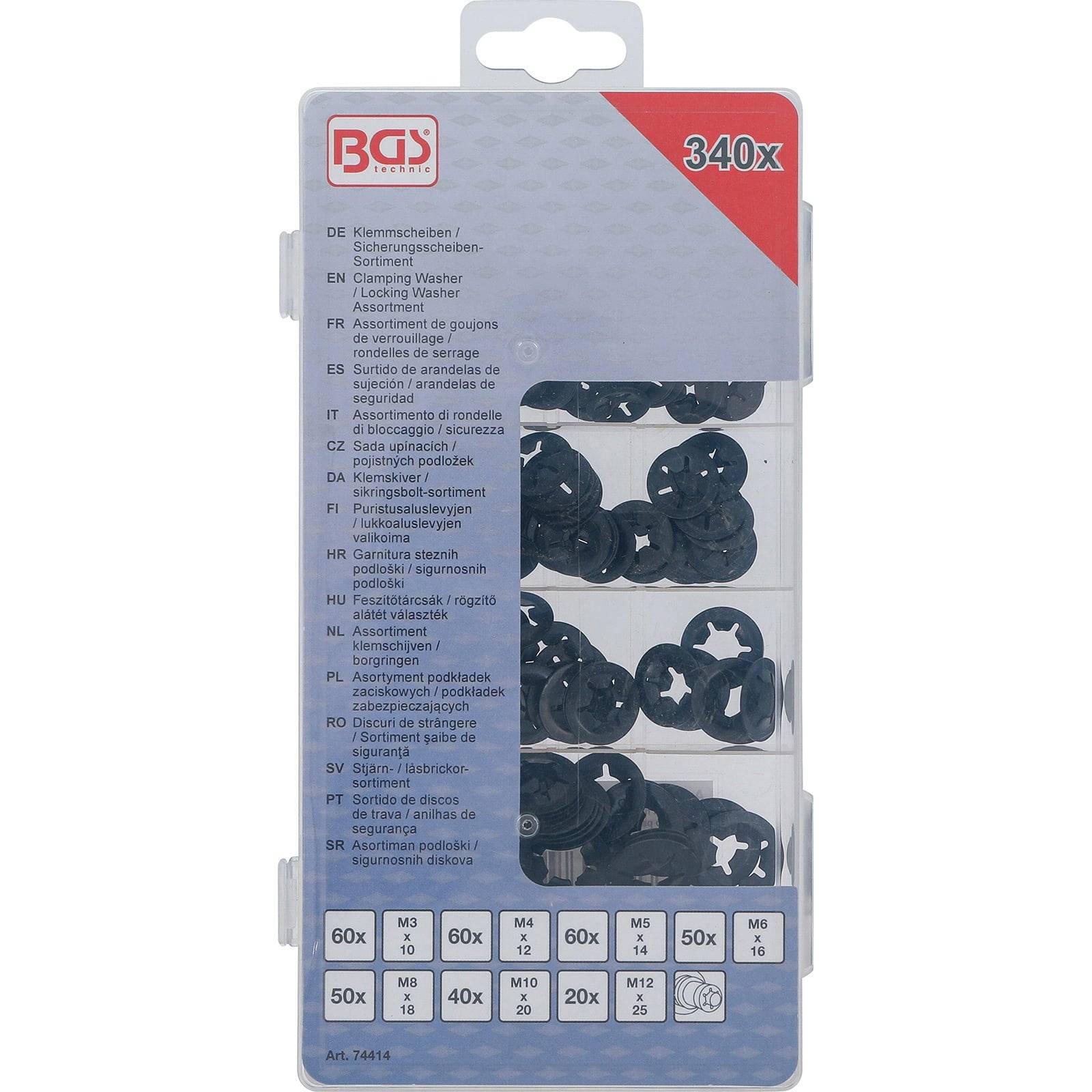 Schachtel mit 340 sortierten schwarzen Sicherungsscheiben in verschiedenen Größen und Mengen, in mehreren Sprachen beschriftet. Markenlogo oben auf der Verpackung.