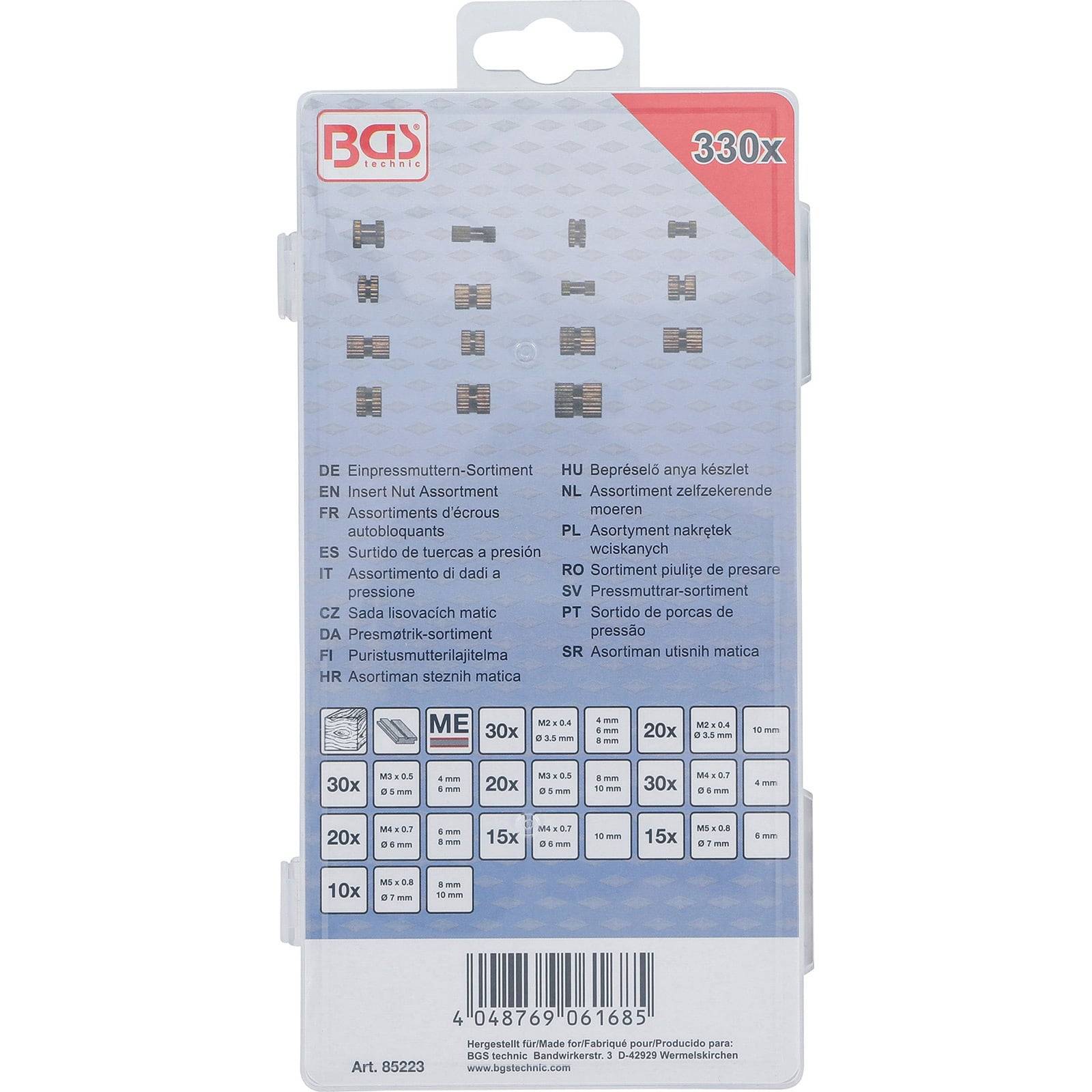 Eine Packung mit der Bezeichnung '330x', die verschiedene kleine Metallklammern enthält, mit Beschreibungen in mehreren Sprachen auf der Rückseite.