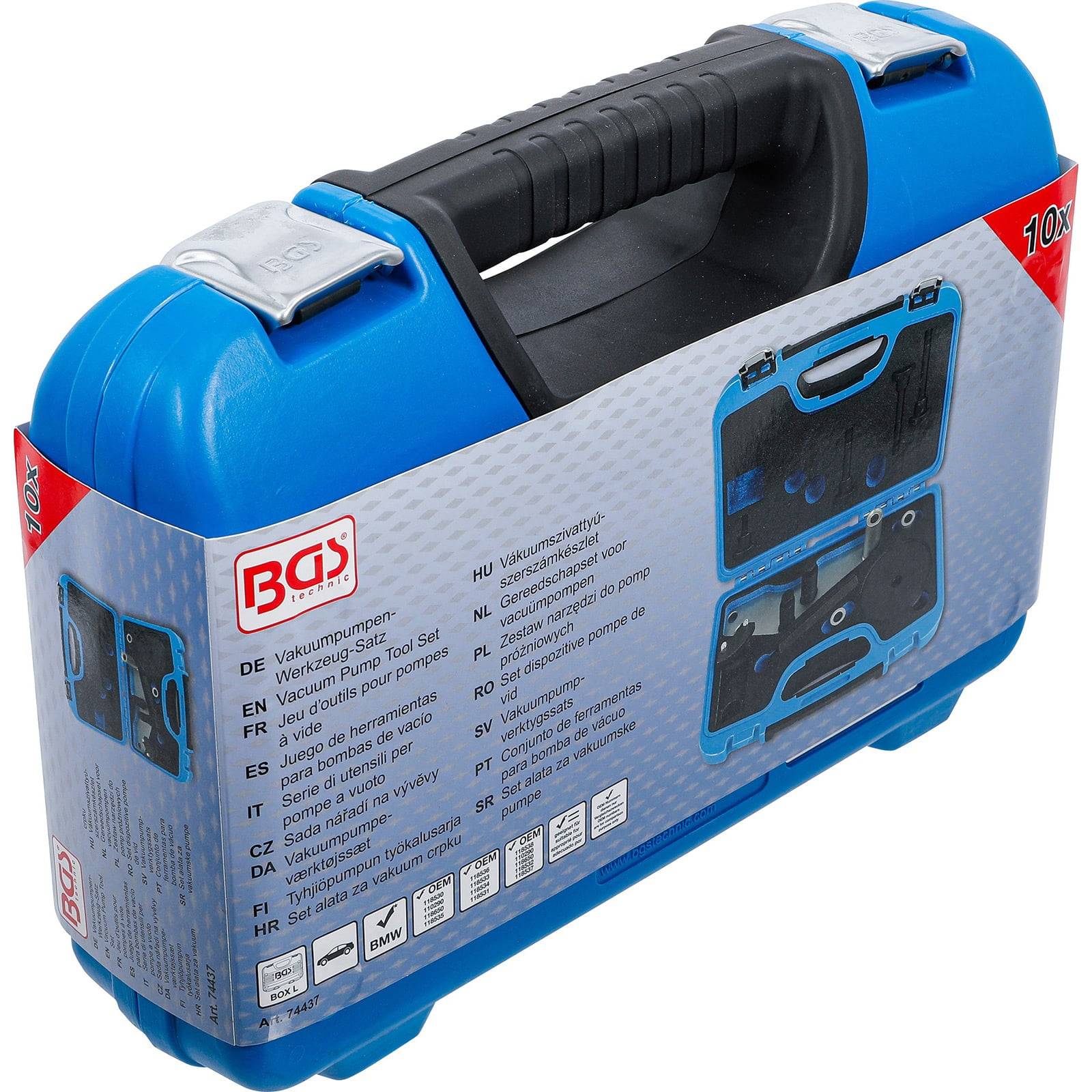 Eine blaue BGS Vakuumpumpen-Set-Verpackung mit einem schwarzen Griff, auf der Seitenansicht mit Produktabbildungen und mehrsprachigem Text, der die Inhalte beschreibt.