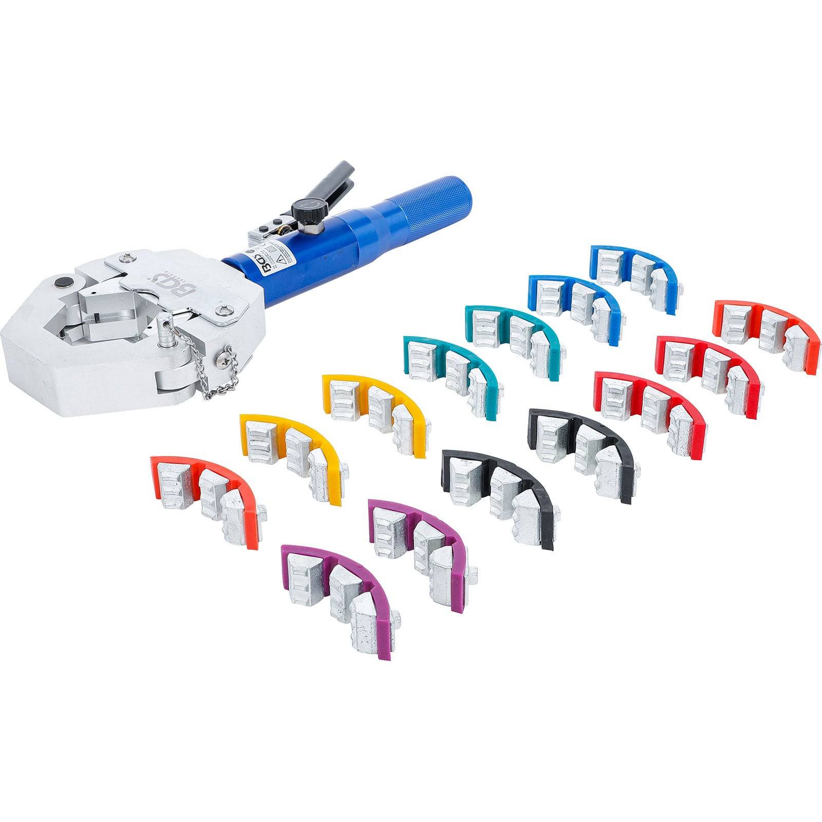 Crimpwerkzeug mit blauem Griff, gezeigt mit 12 farbcodierten auswechselbaren Formstücksätzen, verwendet zum Zusammenbauen von Anschlüssen.