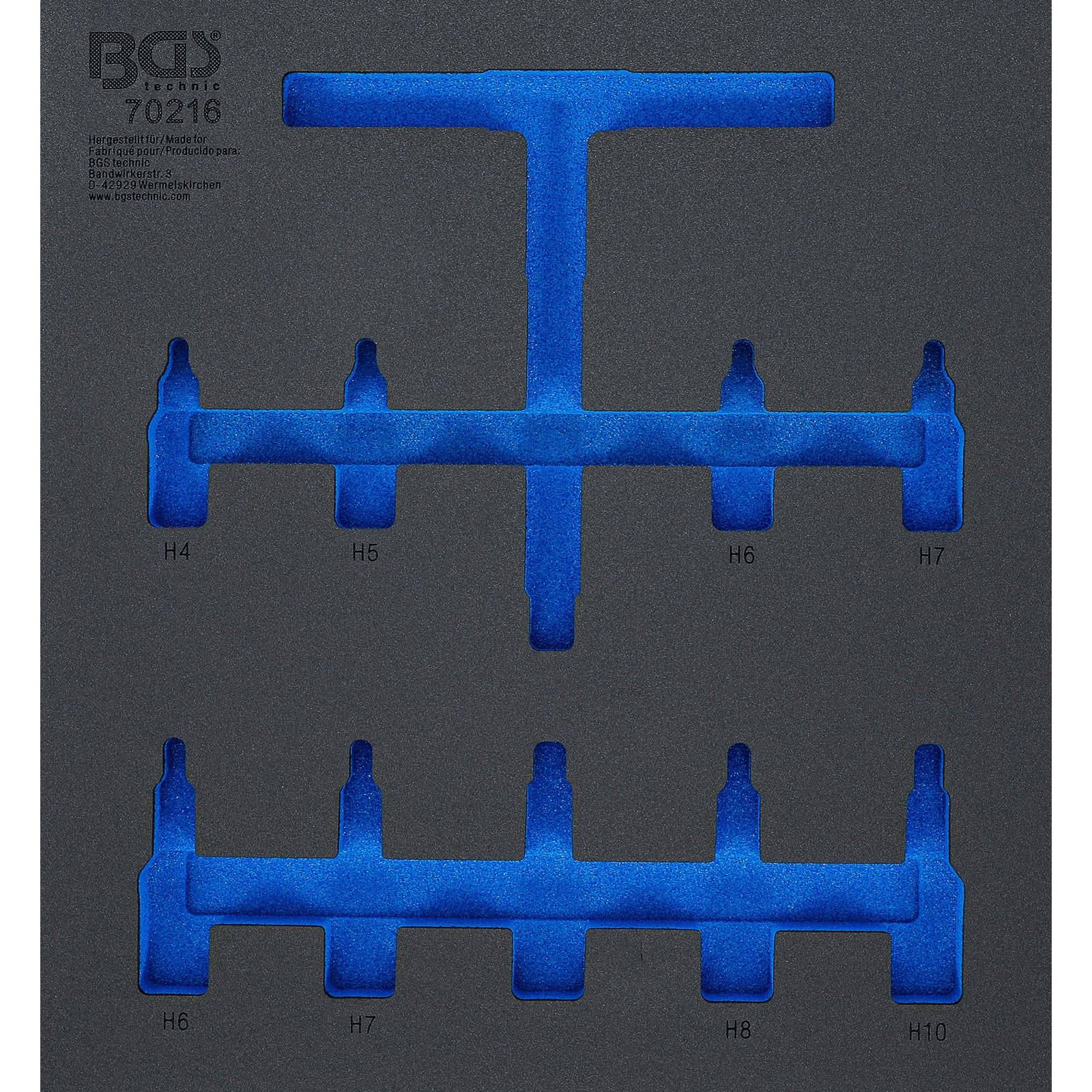 BGS Technic 70216' Schaumstoff-Werkzeugorganizer mit Schlitzen für Schraubschlüssel; leere Bereiche mit H4, H5, H6, H7, H8, H10 für Werkzeugplatzierung beschriftet.