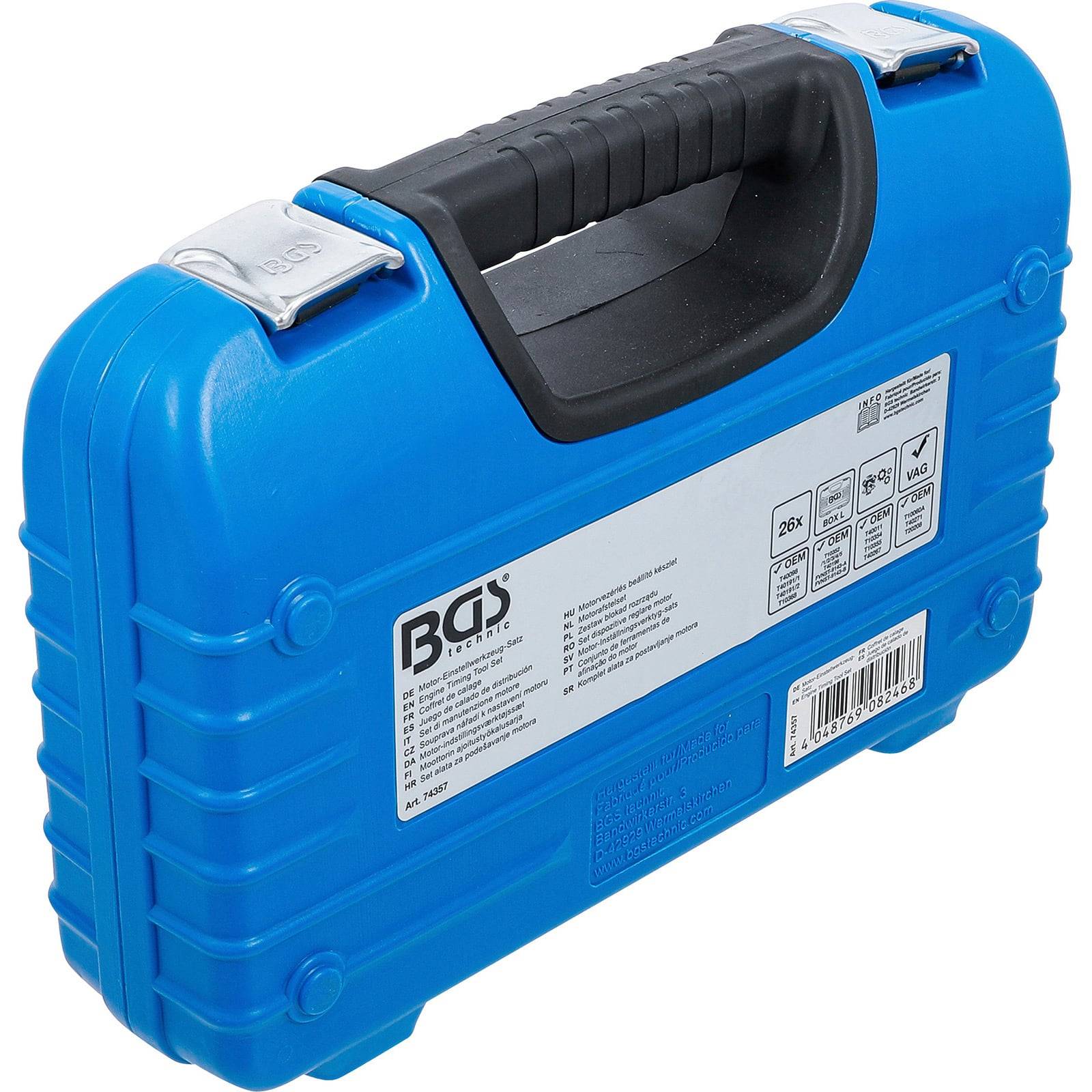 Eine blaue Plastikwerkzeugkiste mit einem schwarzen Griff, ausgestattet mit Metalllaschen und einem auffälligen 'BGS' Logo an der Seite.