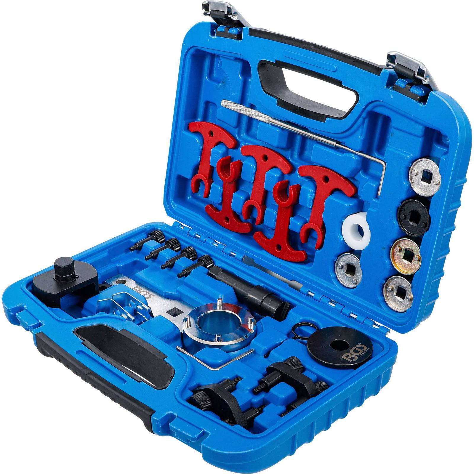Ein blauer Werkzeugkoffer, der eine Auswahl an Klempnerwerkzeugen enthält, darunter Schraubenschlüssel, Dichtungsscheiben und Abstandshalter, die in passenden Fächern angeordnet sind.