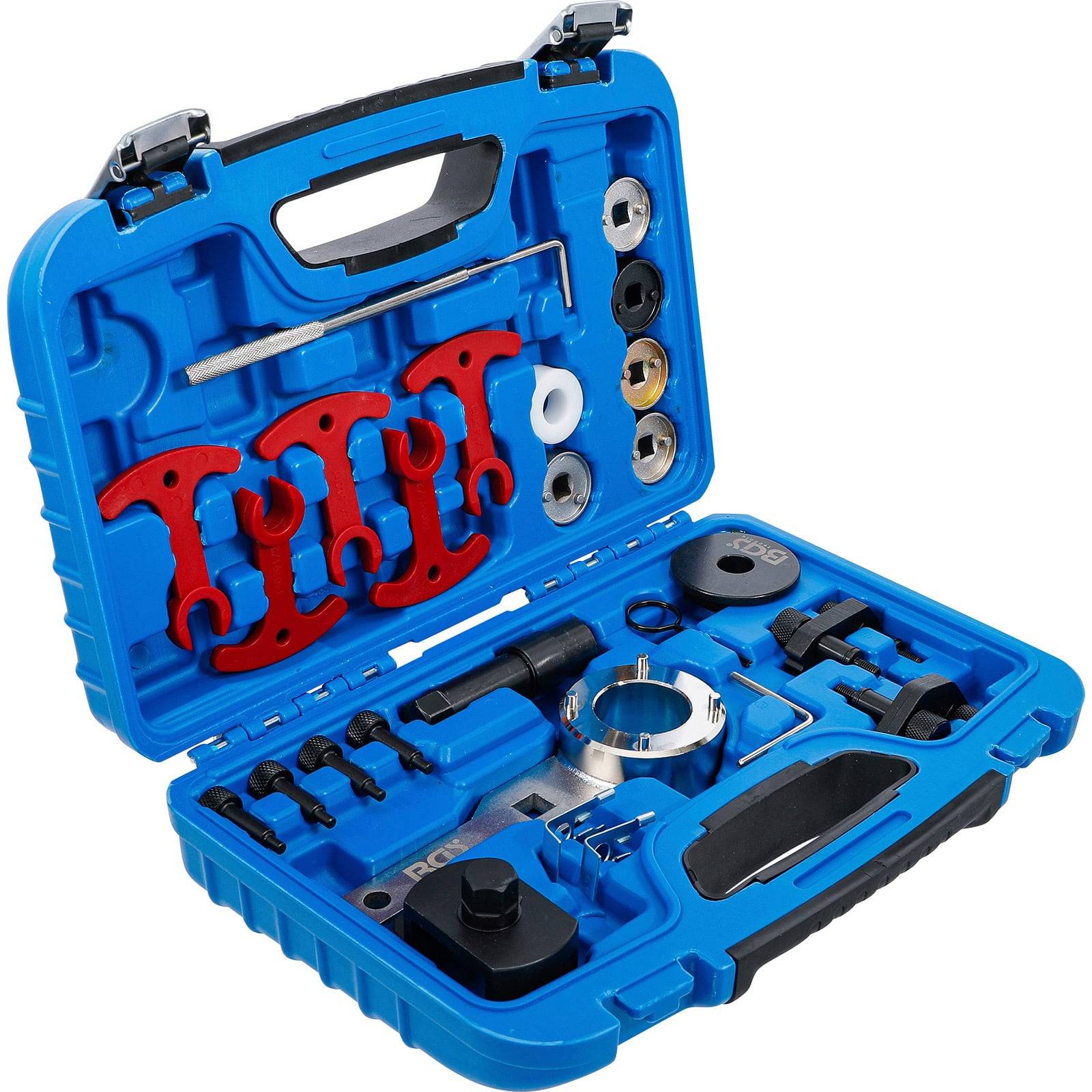 Blaue Werkzeugkiste geöffnet, zeigt verschiedene Nockenwellen-Einstellwerkzeuge einschließlich Stifte und Rotoren.