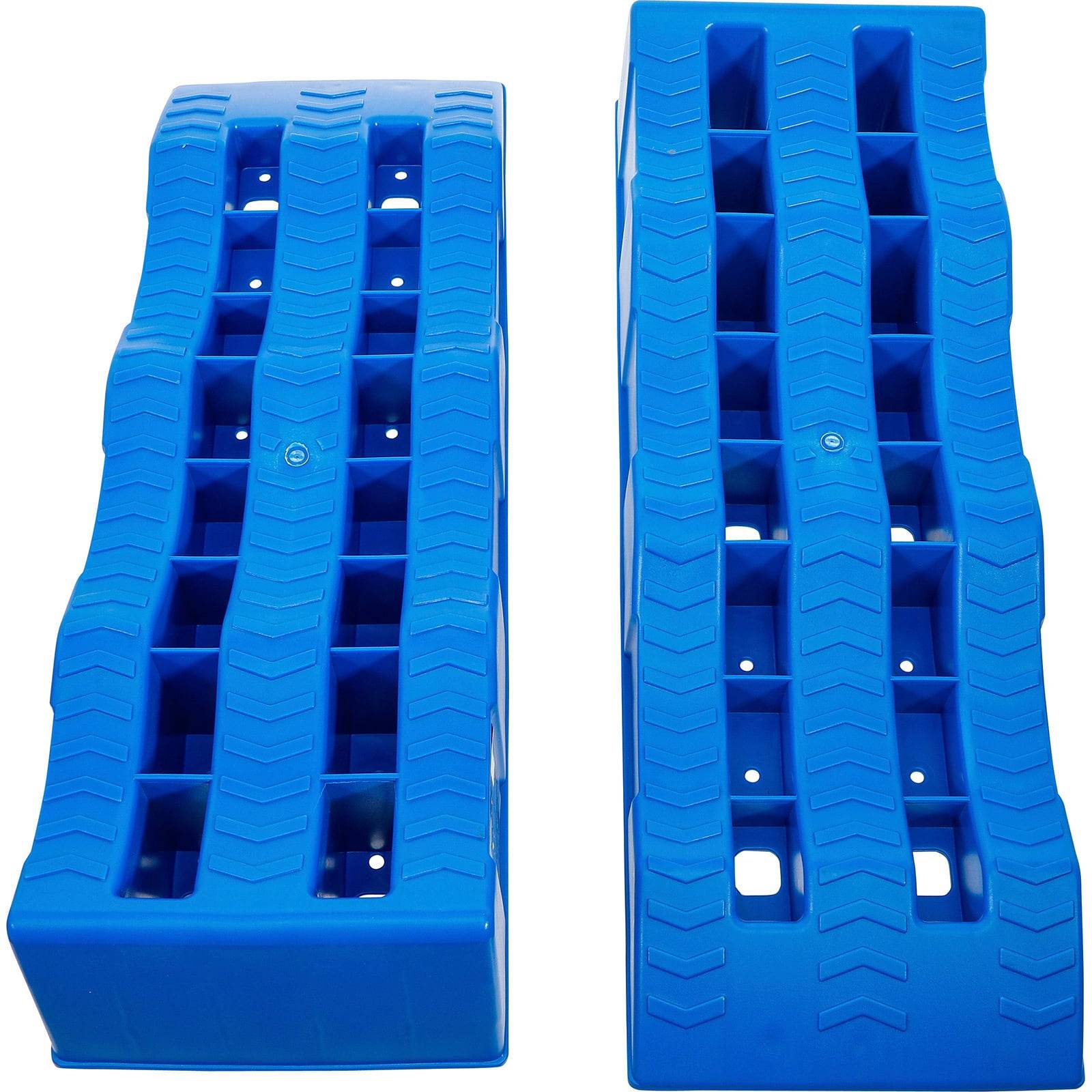 Zwei blaue Traktionsbretter mit erhabenen Mustern und Löchern zum Greifen, entwickelt, um Fahrzeugen beim Gewinnen von Traktion auf rutschigen Oberflächen zu helfen.
