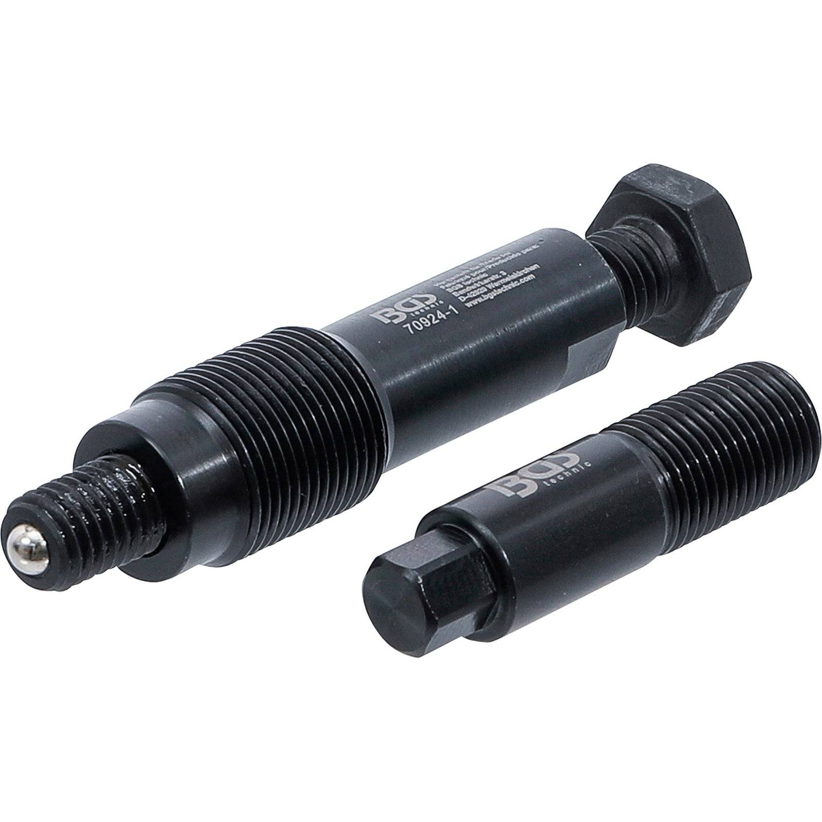 Zwei schwarze mechanische Werkzeuge mit gewindeten Körpern und sechseckigen Köpfen, die zur präzisen Ausrichtung oder Befestigung in Maschinen verwendet werden.