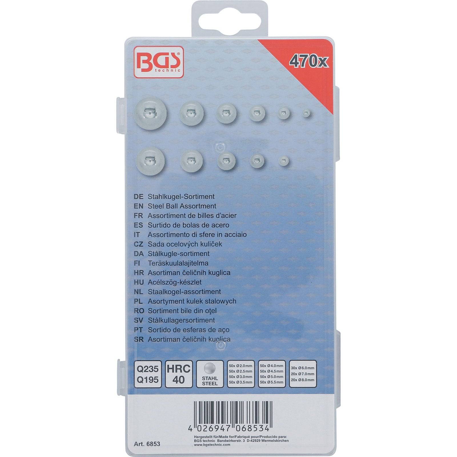 Packung mit 470 Stahlkugeln in verschiedenen Größen. Text in mehreren Sprachen beschreibt den Inhalt als 