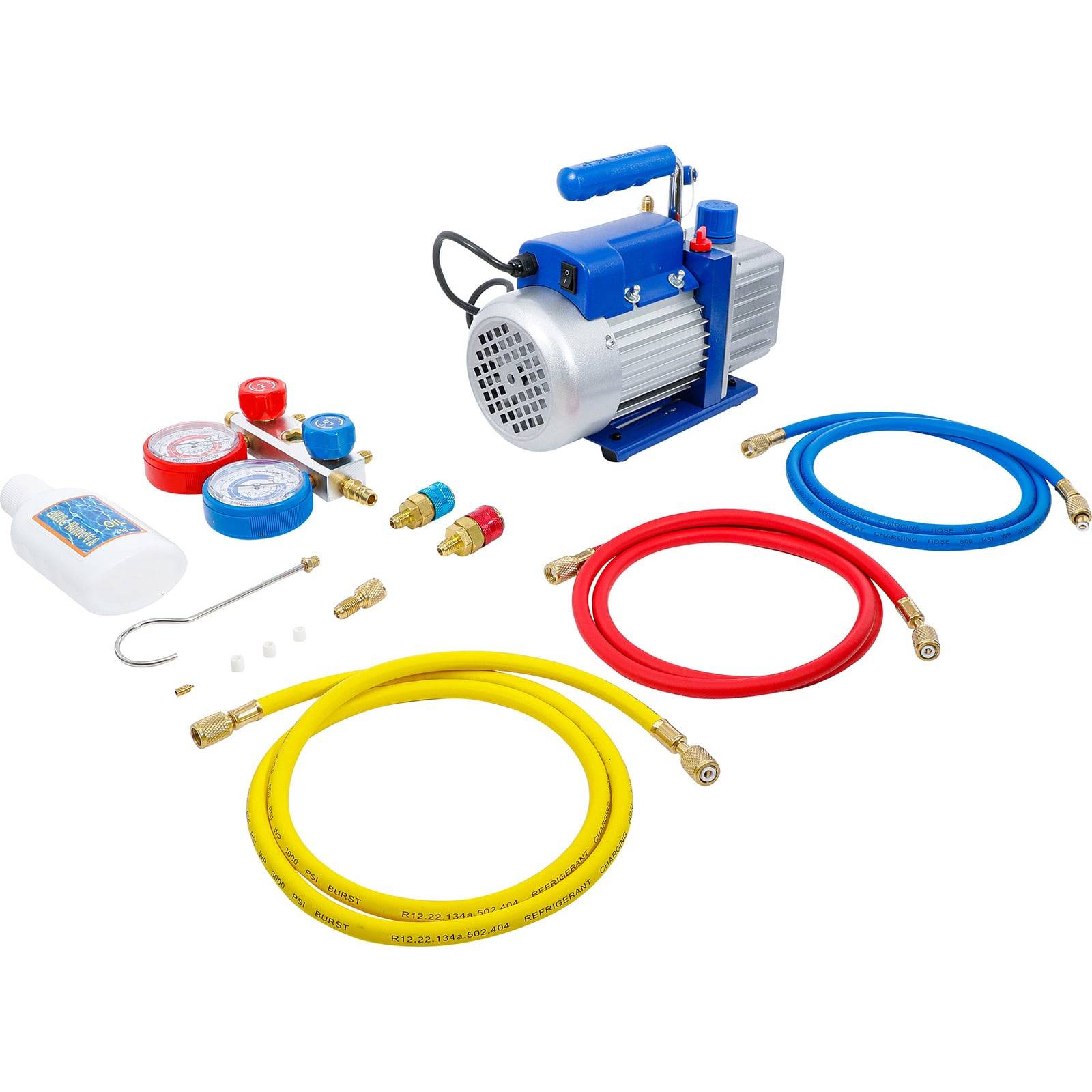 Ein Vakuumpumpen-Set mit Schläuchen, Manometern und Zubehör für HVAC-Wartung, ausgestattet mit roten, blauen und gelben Schläuchen für verschiedene Funktionen.
