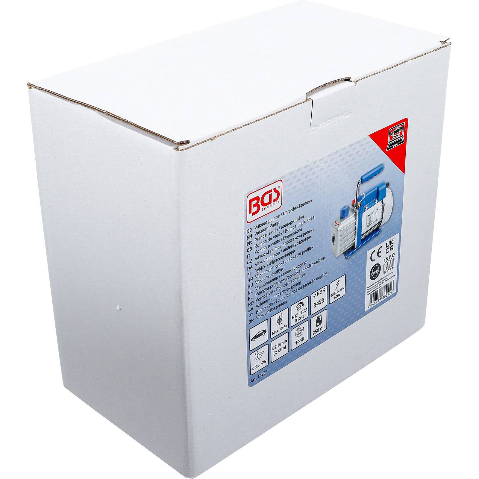 Verpackung einer BGS 2-Stufen-Vakuumpumpe, gekennzeichnet mit Spezifikationen und Symbolen für Automobil-, Kälte- und Klimaanwendungen.