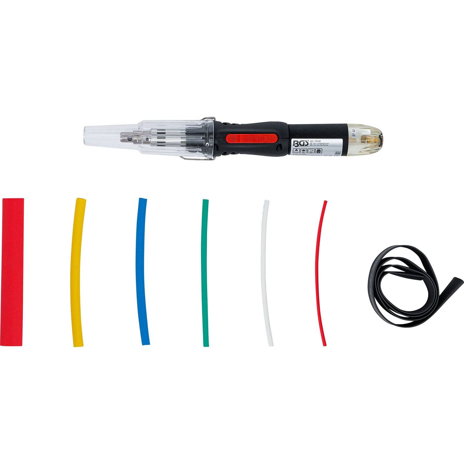 Lötkolben mit mehreren farbigen Schrumpfschläuchen und einer Rolle schwarzen Klebebands, verwendet für elektrische Reparaturen und Isolierung.