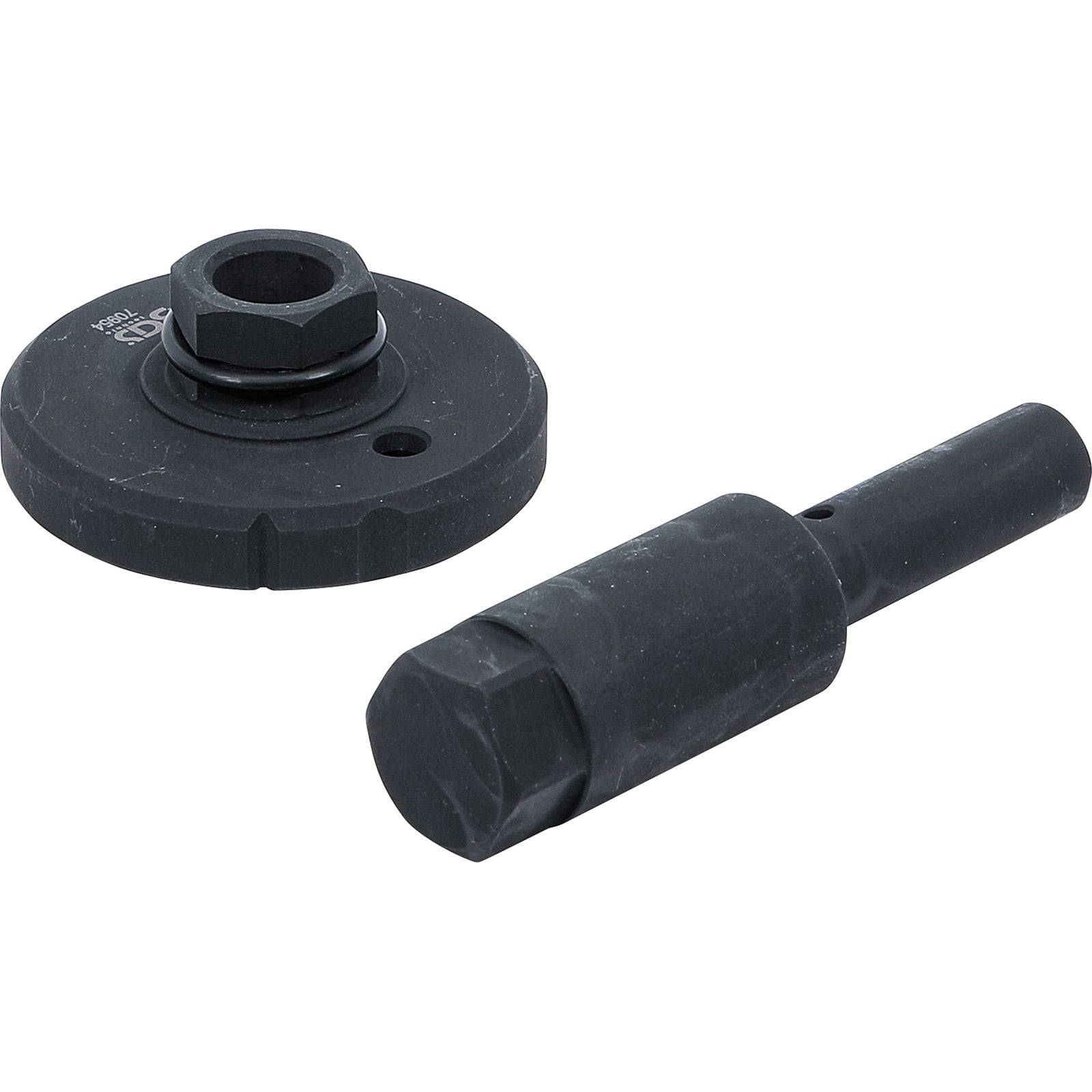 Ein schwarzer Lagerabzieher-Satz enthält eine Hohlwelle für Schlagimpulse und einen Adapter zur einfachen Entfernung von Presslagern.