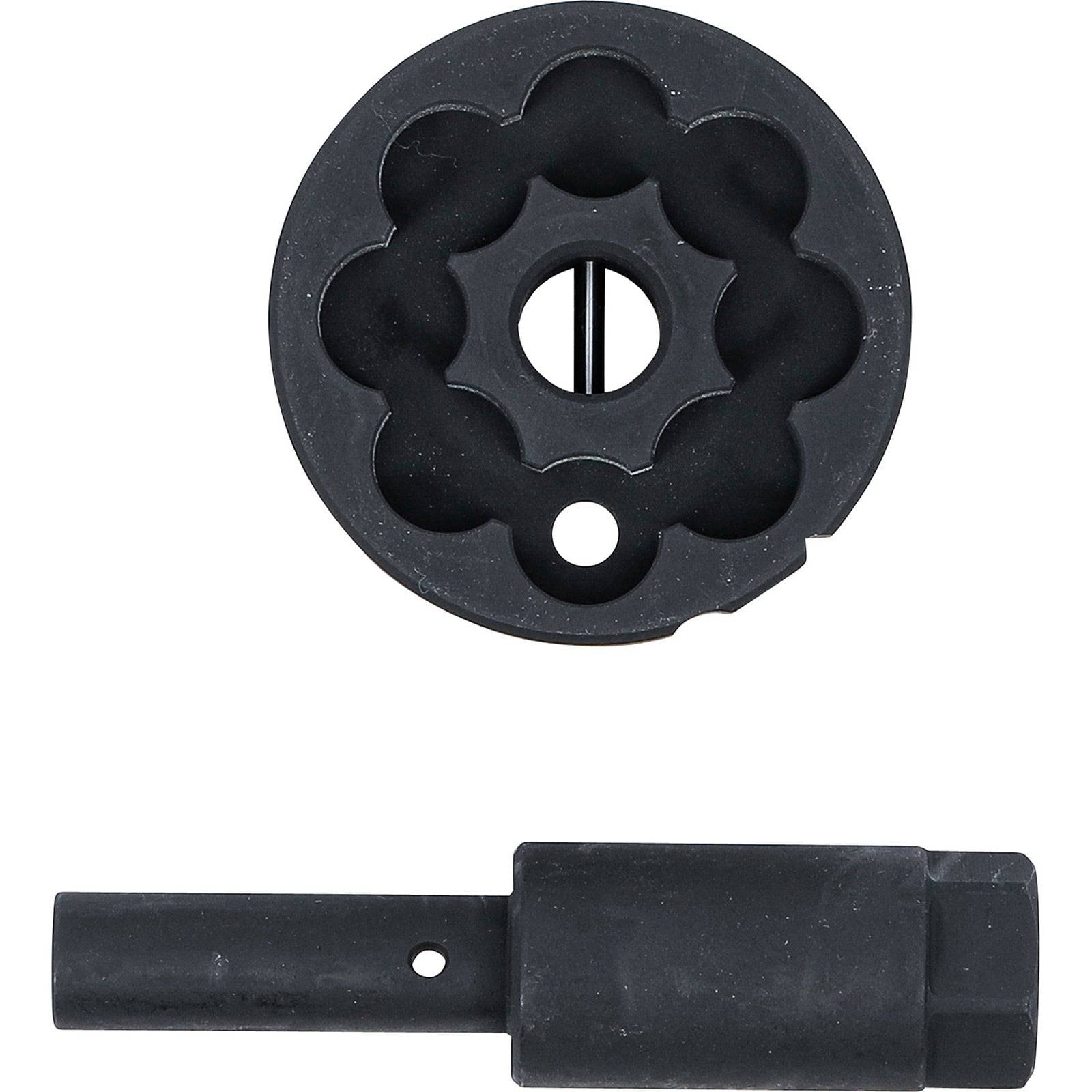 Werkzeug zum Kalibrieren von Gewinden an Rohren oder Stäben mit einer runden Matrize und verstellbarer Führung, das Ausrichtungsrillen für präzise Einstellungen aufweist.