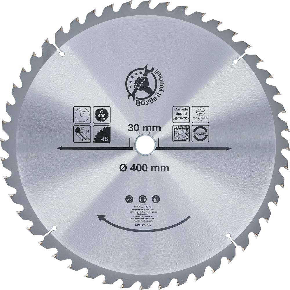 Kreissägeblatt Sägeblatt-Ø 400 mm - Dicke 3,2 mm - Aufnahmebohrung Ø 30 mm - Zähnezahl 48 Stück