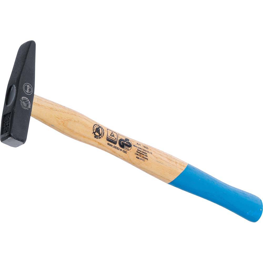 Schlosserhammer - Geschmiedet - Gewicht 100 g - Schwarz lackiert - mit Metallkeil - mit geschweiftem Eschenstiel
