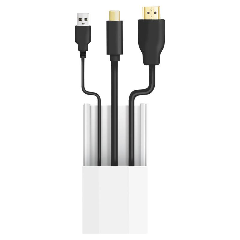 Drei Kabel gezeigt: ein USB, ein HDMI und ein USB-C, die aus einem weißen Halter herausragen. Sie veranschaulichen verschiedene Konnektivitätsoptionen.