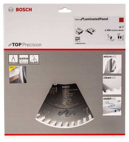Bosch Sägeblatt-Verpackung für Lamellensägen mit Produktdetails: 250 mm Durchmesser, 48 Zähne, microteQ, reinigt, stabilote.