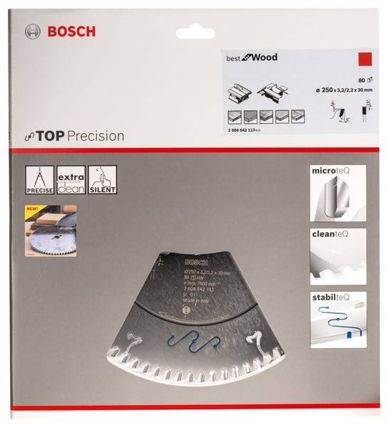 Kreissägeblatt der Marke 'Bosch' in Verpackung, gekennzeichnet mit 'TOP Precision' und 'best for Wood'. Merkmale umfassen microteQ, cleanteQ, stabiliteQ.