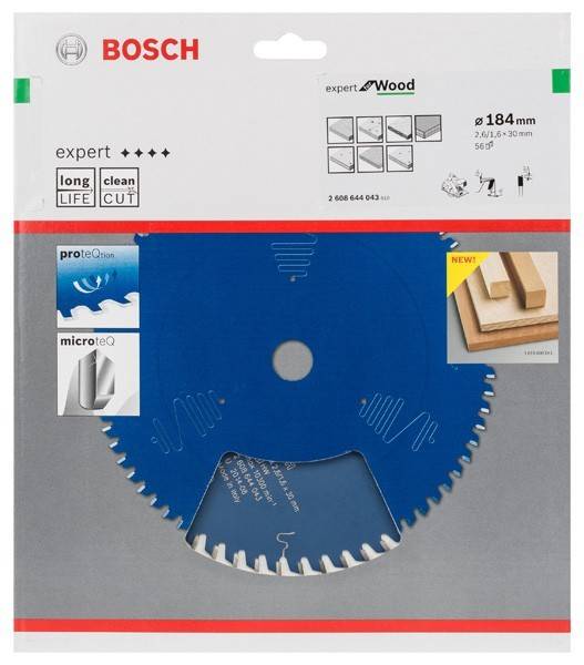 Bosch Experte' 184mm Kreissägeblatt-Verpackung, die Merkmale wie 'lange Lebensdauer', 'sauberer Schnitt' und 'ProteQtion'-Beschichtung hervorhebt.