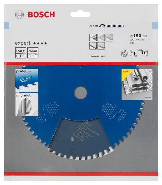 Eine Verpackung für ein Bosch Aluminium-Sägeblatt mit der Markenbezeichnung 