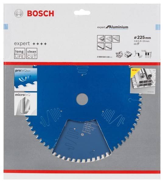 Bosch Kreissägeblatt für Aluminium, 225 mm Durchmesser, mit microteQ-Zähnen für lange Lebensdauer und sauberen Schnitt. Verpackung zeigt Produktabbildungen.