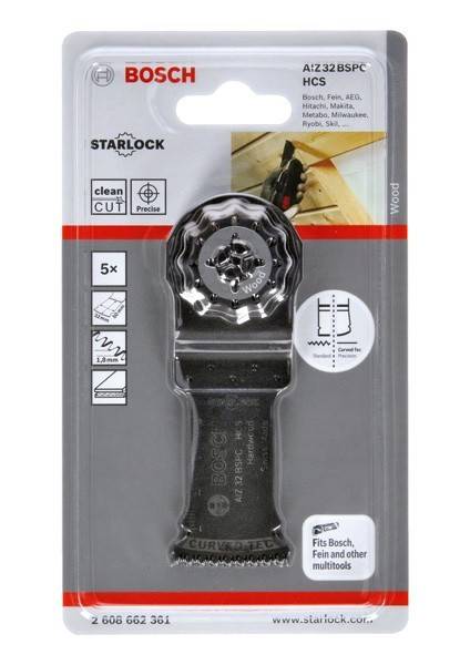 Ein Starlock oszillierender Multitool-Sägeblatt, entwickelt zum Holzschneiden, passend für Bosch, Fein und andere. Enthält Bilder des Sägeblatts und seiner Anwendung.