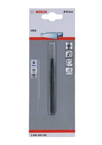 Bohrerspitze mit Verpackung für einen 6-mm-Spiralbohrer für Metall, mit 60 mm Schnittlänge und 85 mm Gesamtlänge. Geeignet für HSS und Metall.