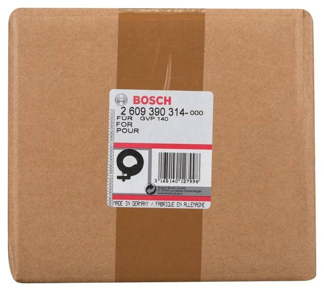 Braunes 'Bosch' beschriftetes Paket mit einer Produktnummer und Barcode. Text auf dem Etikett: '2 609 390 314', gekennzeichnet mit 'Made in Germany.