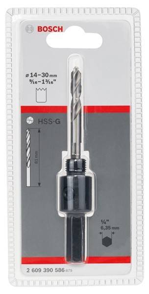 Ein Bohrer in Verpackung mit der Kennzeichnung 'HSS-G'. Er hat Maßangaben für Bohrdurchmesser: 14-30 mm und 9/16