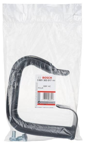 Tasche, die einen schwarzen L-förmigen Metallgriff mit der Beschriftung 'Bosch GBR 14C', Produktcode '3 601 303 017-000' enthält.