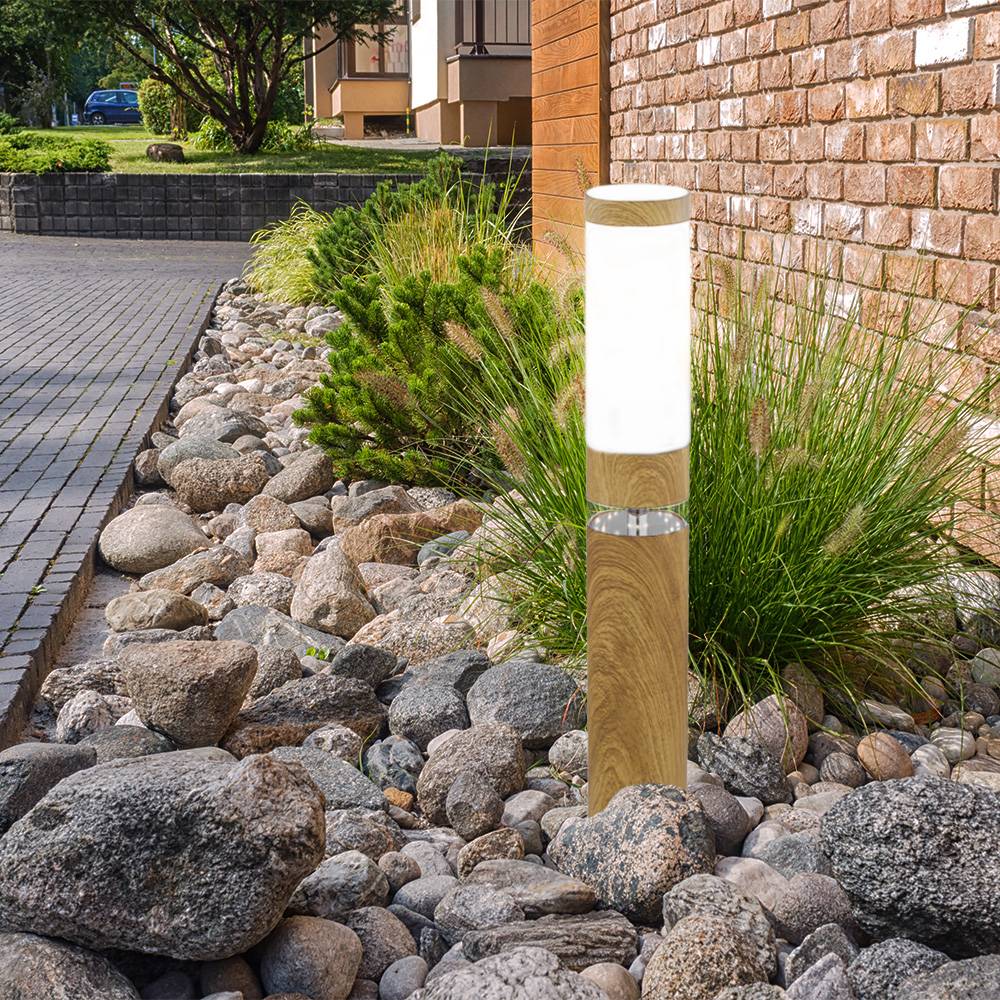 Standleuchte Sockelleuchte Außen rund Sockellampe Aussenbereich Edelstahl Terrassen, Holz Optik mit Deko LED, 1x E27, DxH 11,7 x 50 cm