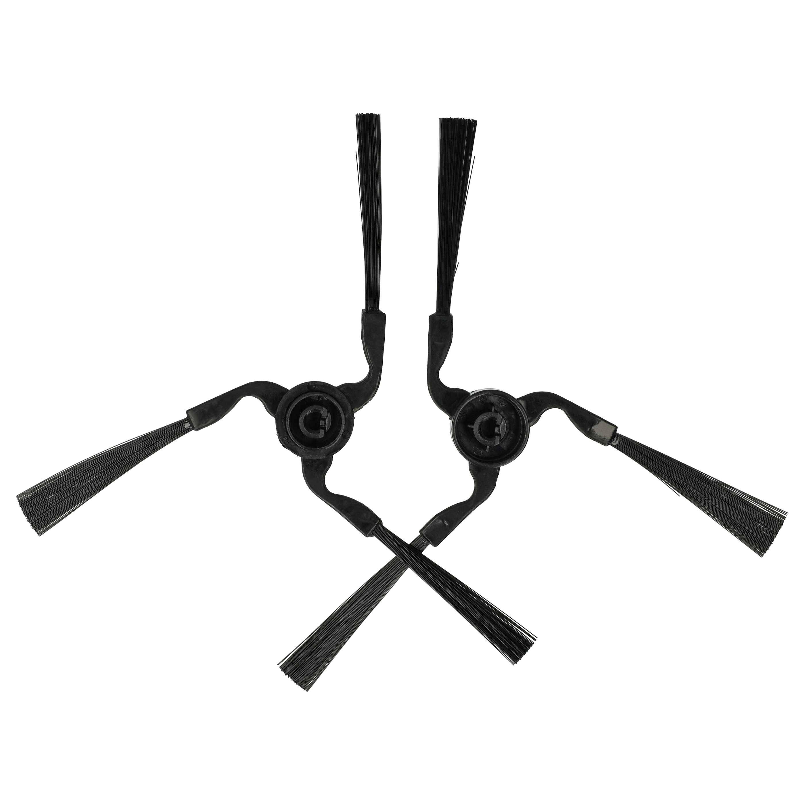 Zwei schwarze Seitenbürsten für einen Staubsaugerroboter, die sich gegenseitig zugewandt positioniert sind und deren Borsten nach außen ausgefahren sind.
