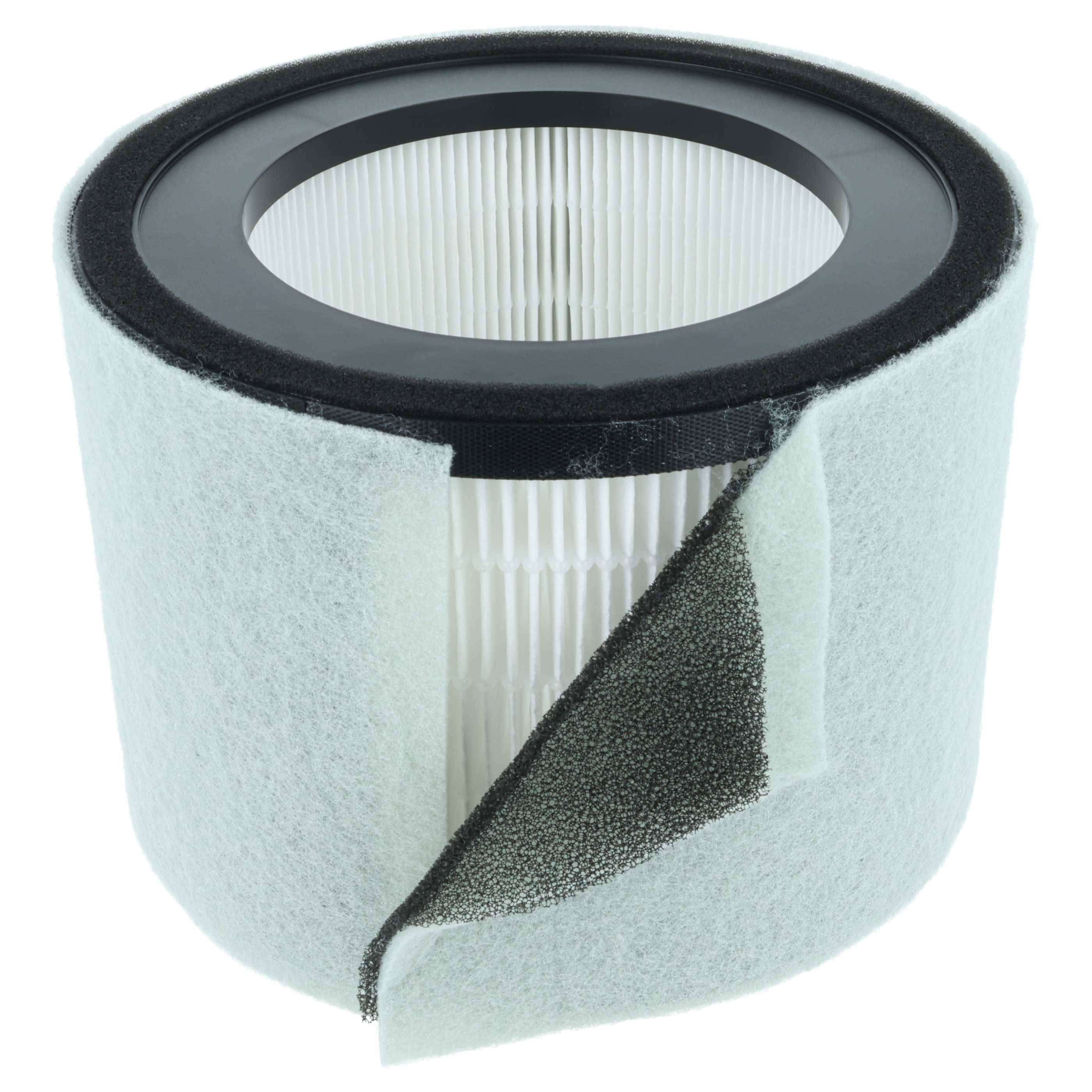 Ein Luftreiniger-Filter mit einer abziehbaren Außenabdeckung, die teilweise zurückgeschlagen ist und das gefaltete Filtermaterial im Inneren sichtbar macht.