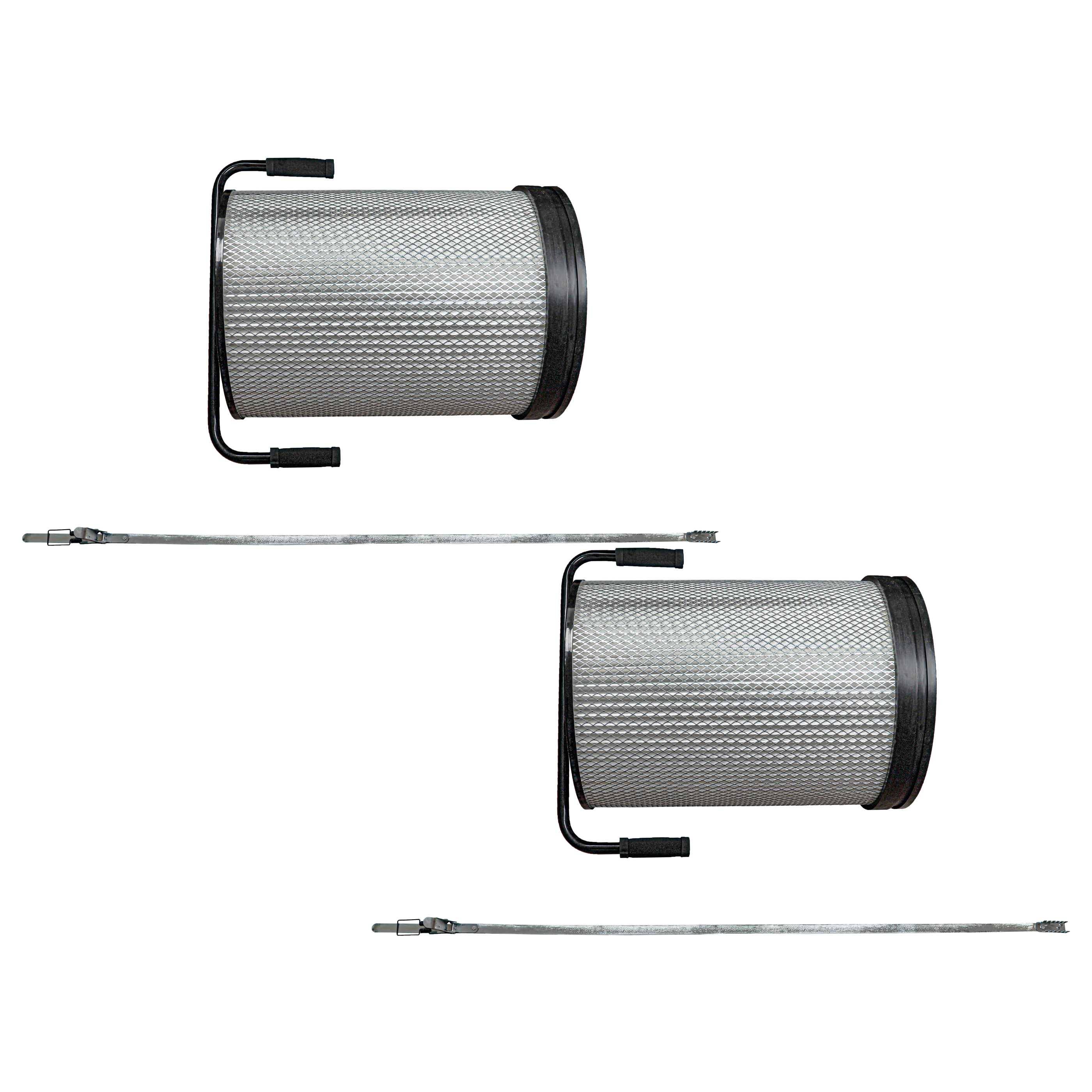 Zwei zylindrische Luftfilter mit gewellten Metalloberflächen und angeschlossenen Kabeln, parallel zueinander vor einem weißen Hintergrund positioniert.