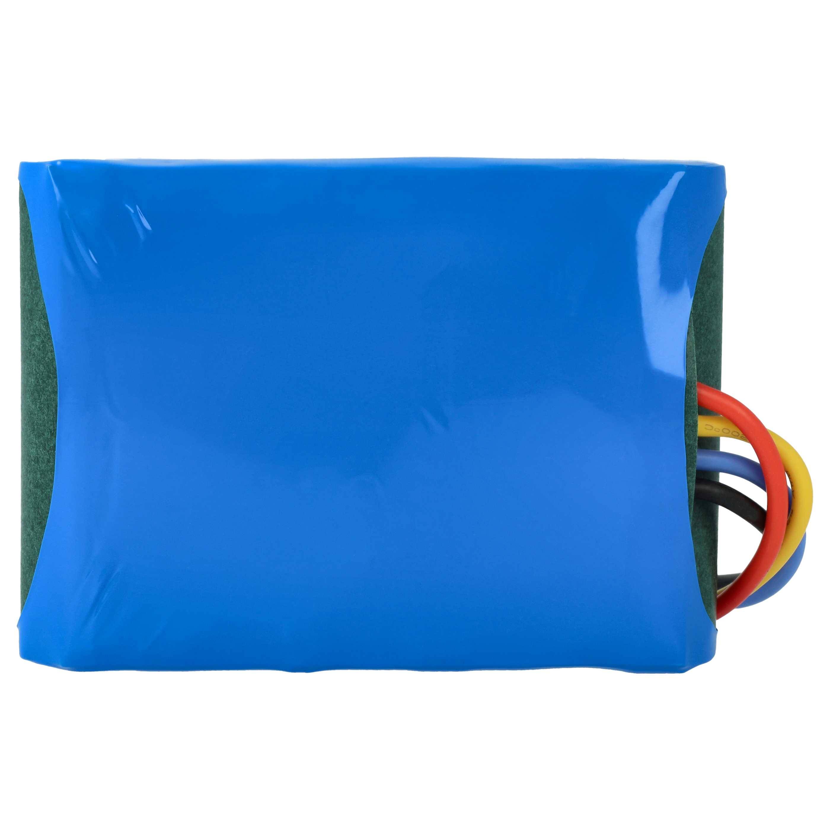 Eine blaue, rechteckige Batterie mit freiliegenden roten, gelben und schwarzen Kabeln, die auf der rechten Seite herausragen und darauf hindeuten, dass sie bereit zur Verbindung ist.