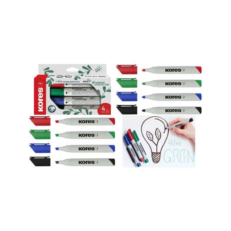 Produktbild von Kores Eco-Whiteboard-Markern in Schwarz, Rot, Grün und Blau mit recycelbarer Verpackung; die Vergrößerung zeigt deren Verwendung zum Zeichnen einer Glühbirne und „think GREEN